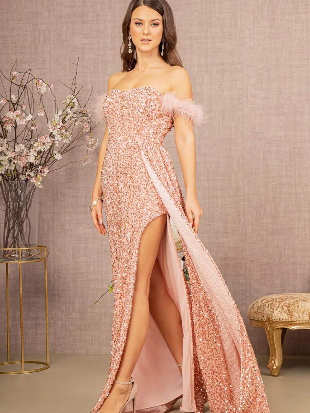 NEW ROSE GOLD Sequin & Velvet Evening Gown Floor Length GL3163